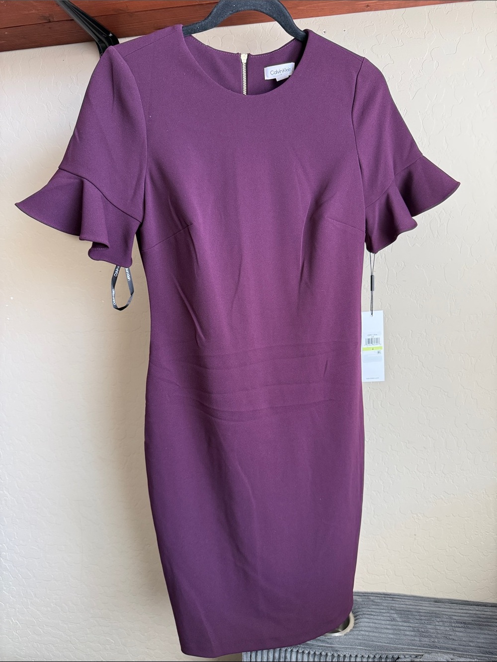 Calvin Klein Plum Ruffle-Sleeve Midi Sheath Dress